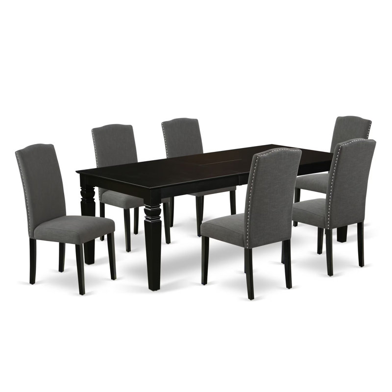 Ensemble de table de salle à manger 7 pièces composé d'une table de salle à manger rectangulaire avec feuille papillon et 6 chaises Parson en tissu Gotham foncé, 42 x 84 po, noir