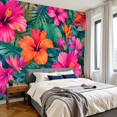 Papier peint adhésif auto-adhésif Peel and Stick pour bureau à domicile - Hibiscus tropical vibrant floral rose néon / orange / bleu sarcelle H 100 po x l 144 po