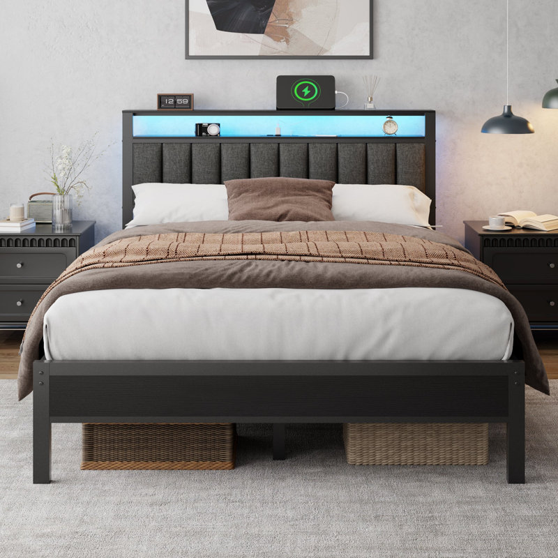 Upholstered Headboard with LED Lights, Charging Station, Sturdy Metal Slat Support, No Box Spring Needed, Queen, Black