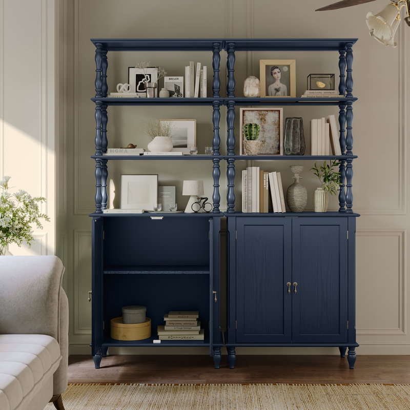 77" Tall Bookshelf with Cabinet, Freestanding Storage Cabinet with Solid Wood Legs, Retro Bookcase, Blue