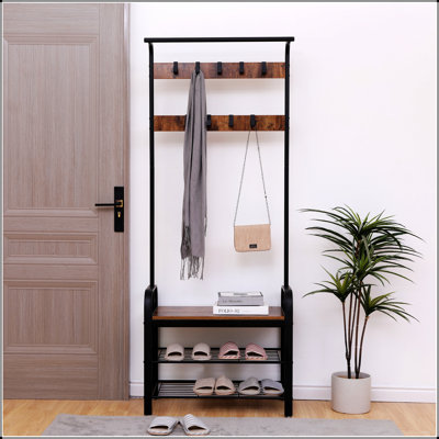 Meuble d'entrée 4 en 1 avec banc à chaussures et porte-manteau, 9 crochets amovibles, tringle, idéal pour optimiser l'espace et organiser votre entrée.