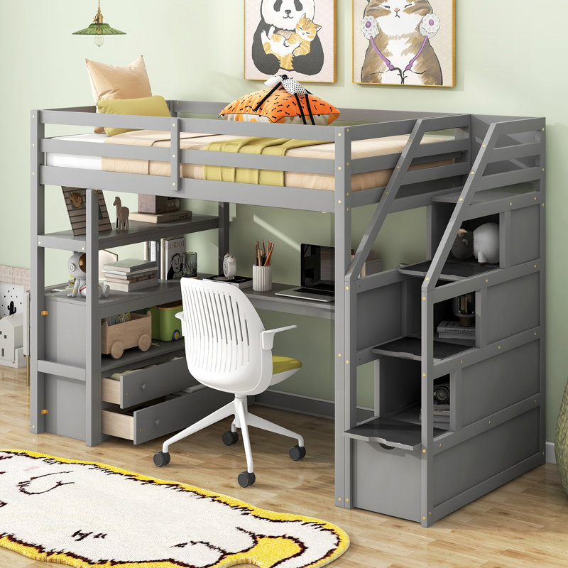 Lit mezzanine avec bureau et tablettes, gris, Simple
