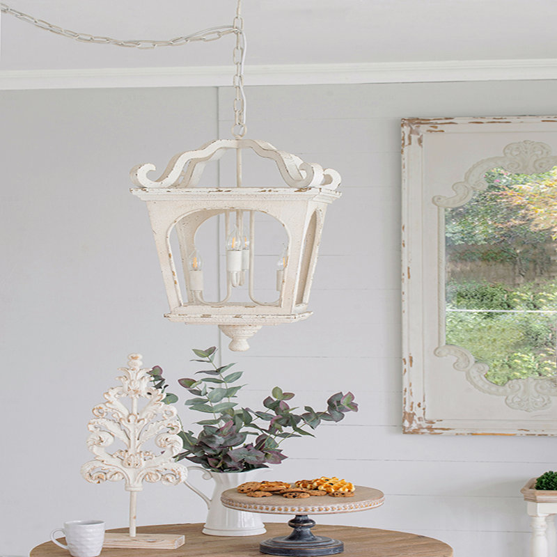 Luminaire suspendu lanterne blanc vieilli 4 lumières Chandelier