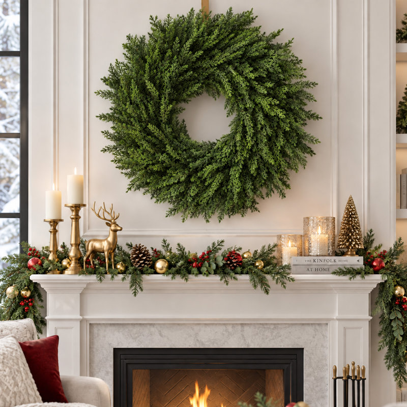 Guirlande de Noël artificielle de 61 cm (24 po) avec feuillage de cyprès dense, guirlande de faux pin réaliste pour foyer, escalier, guirlande de verdure simple pour décoration de Noël intérieure et extérieure, guirlande de verdure vierge à faire soi-même pour les fêtes