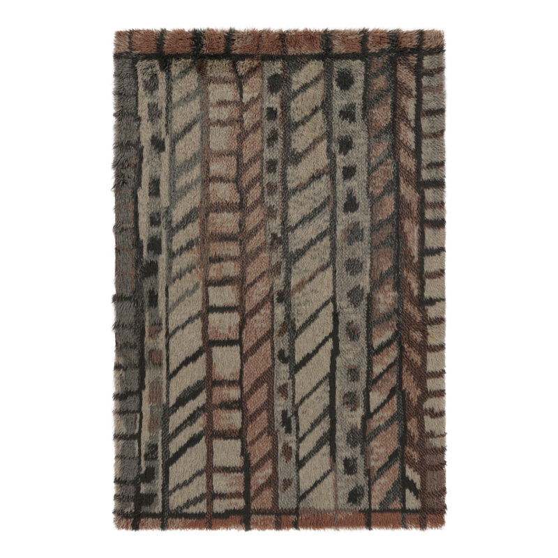 Vintage Swedish Rya Rug, Scandinavian Geometric Patterns In Gray - Rug & Kilim