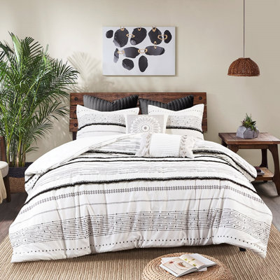 Édredon très grand noir et blanc - coton, avec rayures imprimées cachées, 2 taies décoratives très grand / coton noir / blanc, finitions