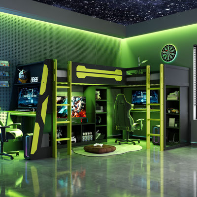 L-Shaped Twin Wooden Loft Bed Frame with RGB LED, USB Ports, TV Stand & Storage Shelves, Reversible Gaming Bed-Green