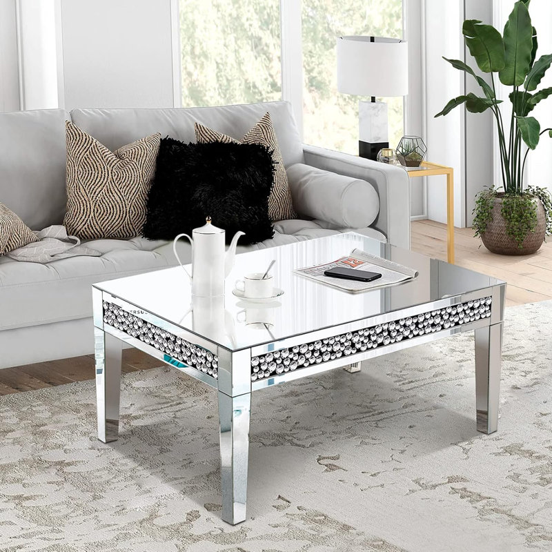 Silver Mirrored Rectangular Coffee Table with Crystal Diamond Inlay