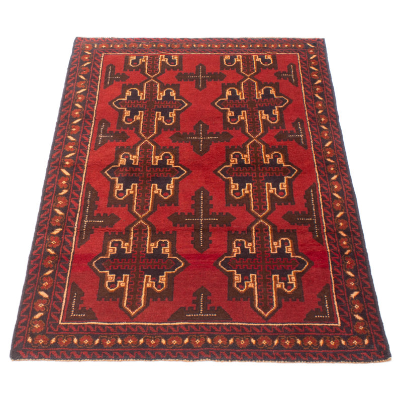 Tapis rouge en laine noué à la main de conception unique 3 pi 7 po x 5 pi 11 po