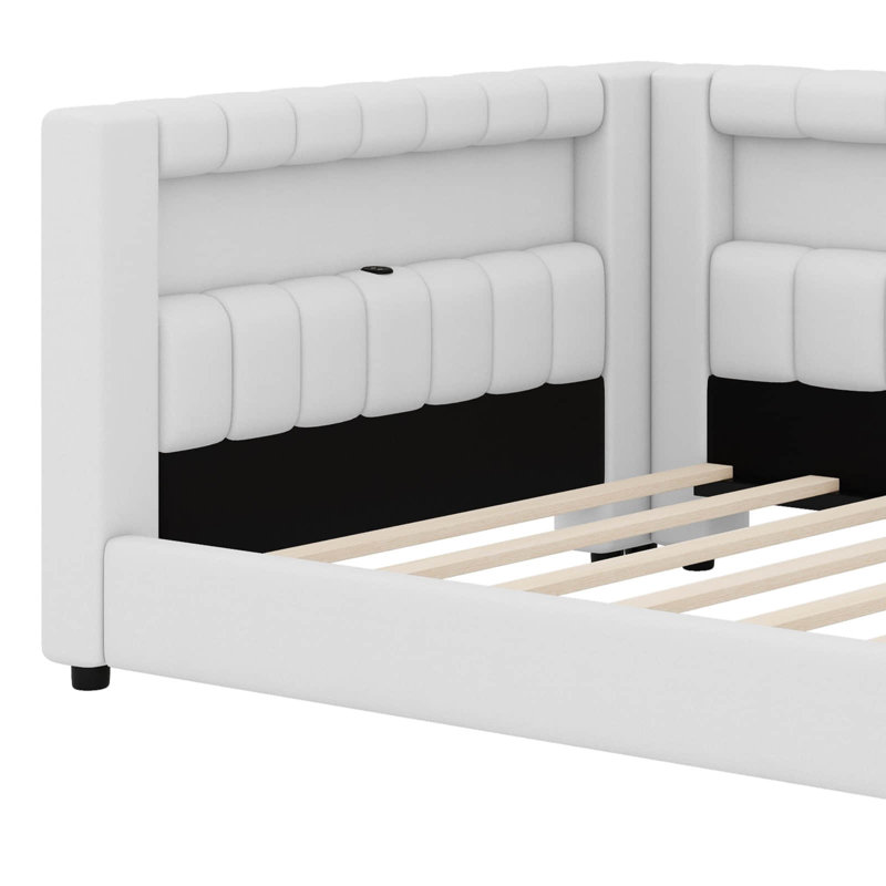 Upholstered Daybed With Storage Headboard, USB Ports & LED Belt, L-Shaped Platform Bed Frame, White, Twin XL