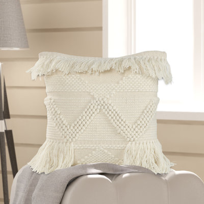 Ivory Coastal Fringed Textured Throw Pillow
