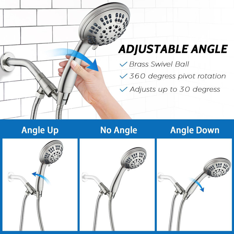 Pomme de douche réglable en nickel brossé avec 6 réglages de jet et fixation en laiton massif