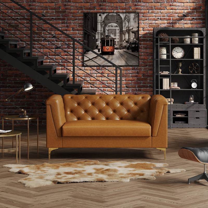 Canapé Chesterfield en similicuir rembourré avec pieds en métal doré, Similicuir brun, Doré