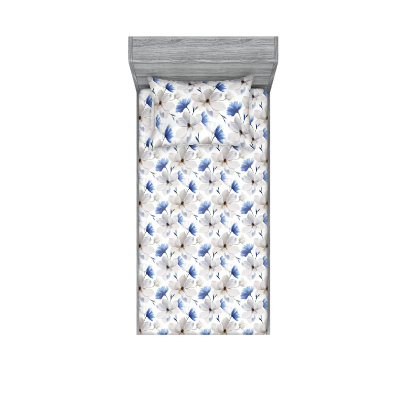Ambesonne Fitted Sheet & Shams, Cell Blue/Coconut/White Flower, Twin XL Sheet Set with 1 Pillowcase