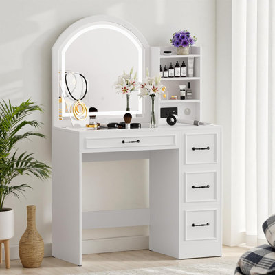 Ensemble de coiffeuse moderne avec grand miroir lumineux, prise de courant, 4 tiroirs, plateau de table et armoire latérale pour la chambre à coucher