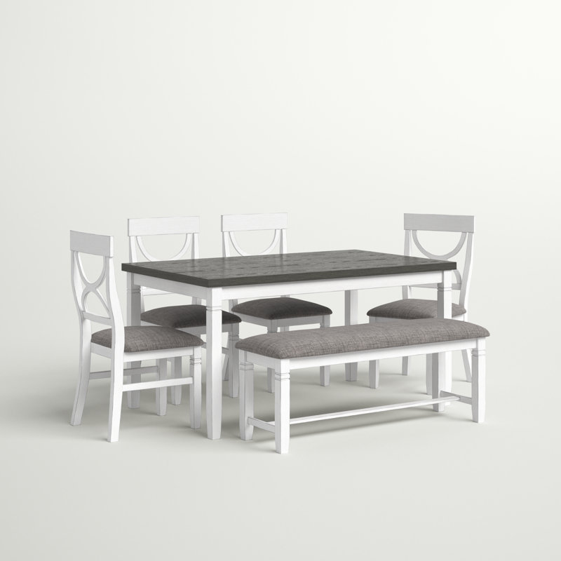 Ensemble de table de salle à manger 6 pièces en bois avec banc rembourré et 4 chaises, White, Gray