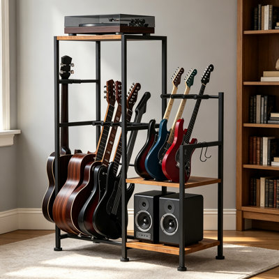 Guitar Stand for 5 Guitars and 3 Ukuleles, Multiple Guitar Rack with 2 Wood Shelves for Amp Holder for Home Music Studio