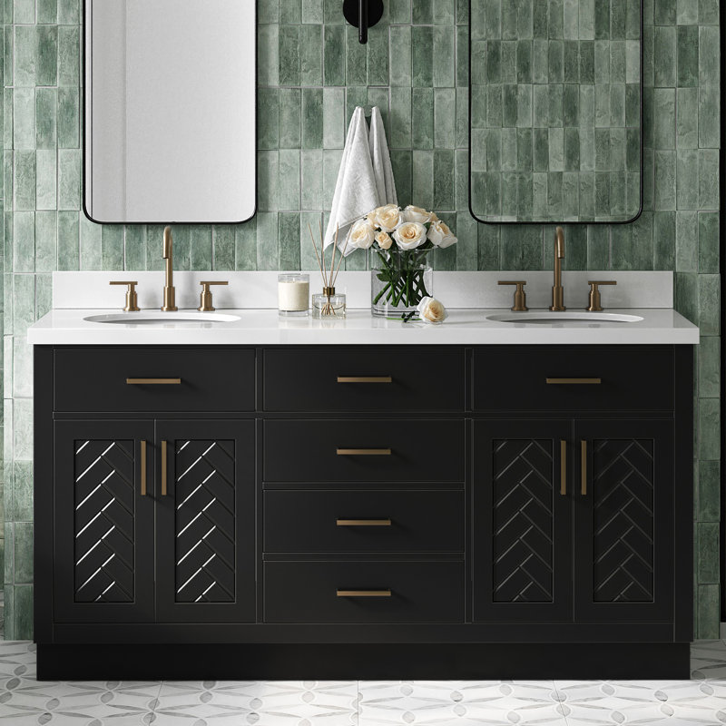 Meuble-lavabo ovale double 67 po à chevrons avec comptoir en quartz blanc pur 1,5 po Chevron, Ovale, Noir