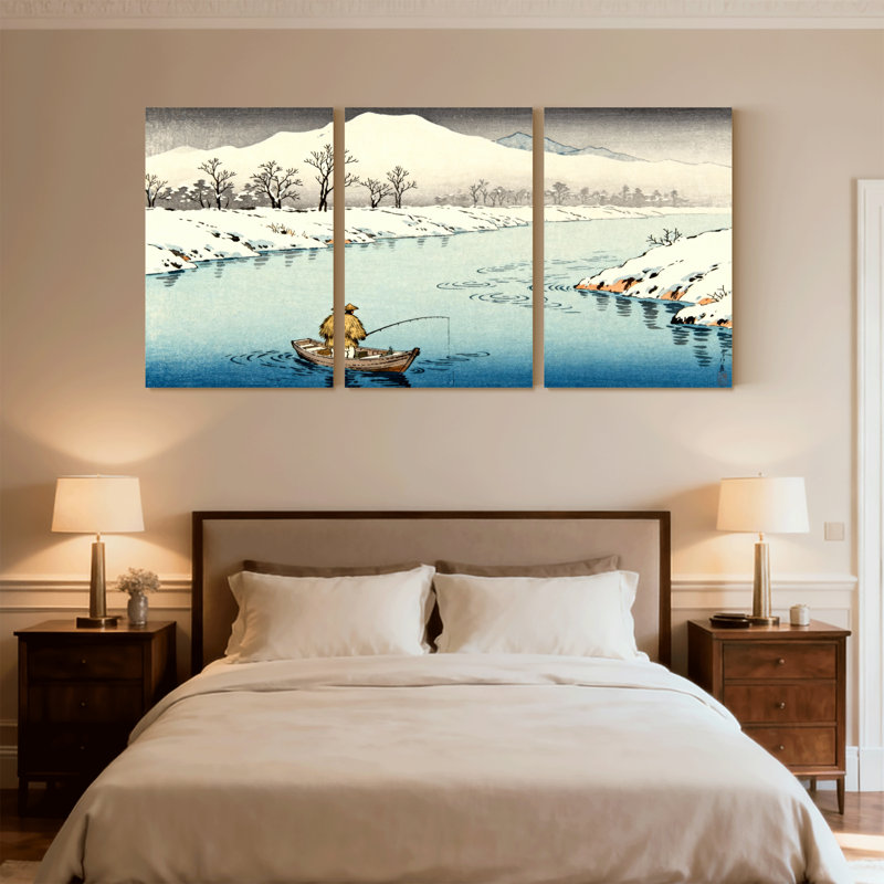 Scène de pêche en hiver avec mont Fuji, ensemble de 3 reproductions d'art sur toile, H 24 po x l 48 po