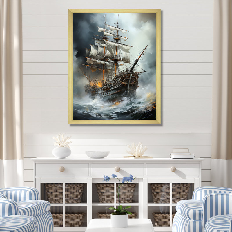 «Stormy Seas Corsairs Pirate Ghost Ship» sur toile, Encadrement doré, H 32 po x l 16 po x P 1 po