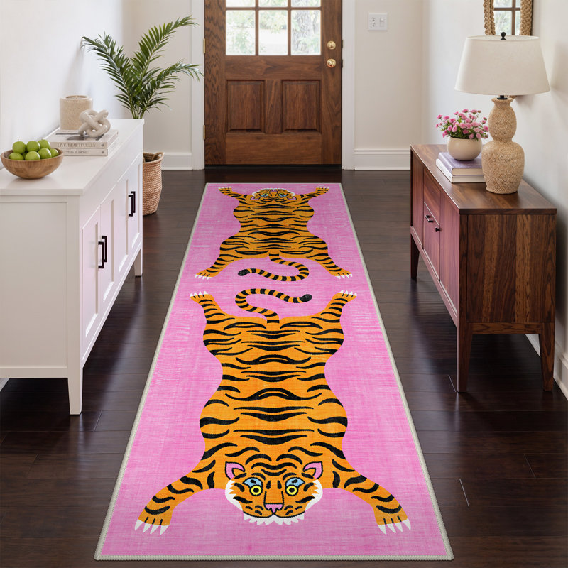 Tigris Animal Print Machine Washable Pink / Yellow / Black Indoor Area Rug with Non-Slip Backing, Runner 2' x 6'
