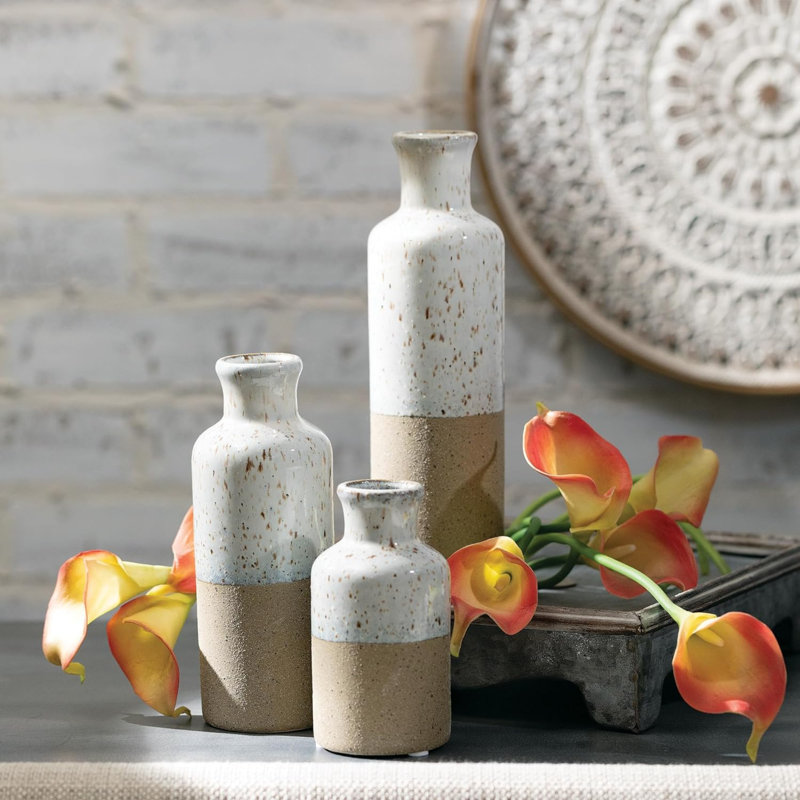 Ensemble de vases en céramique (3 pièces), Blanc/brun/noir