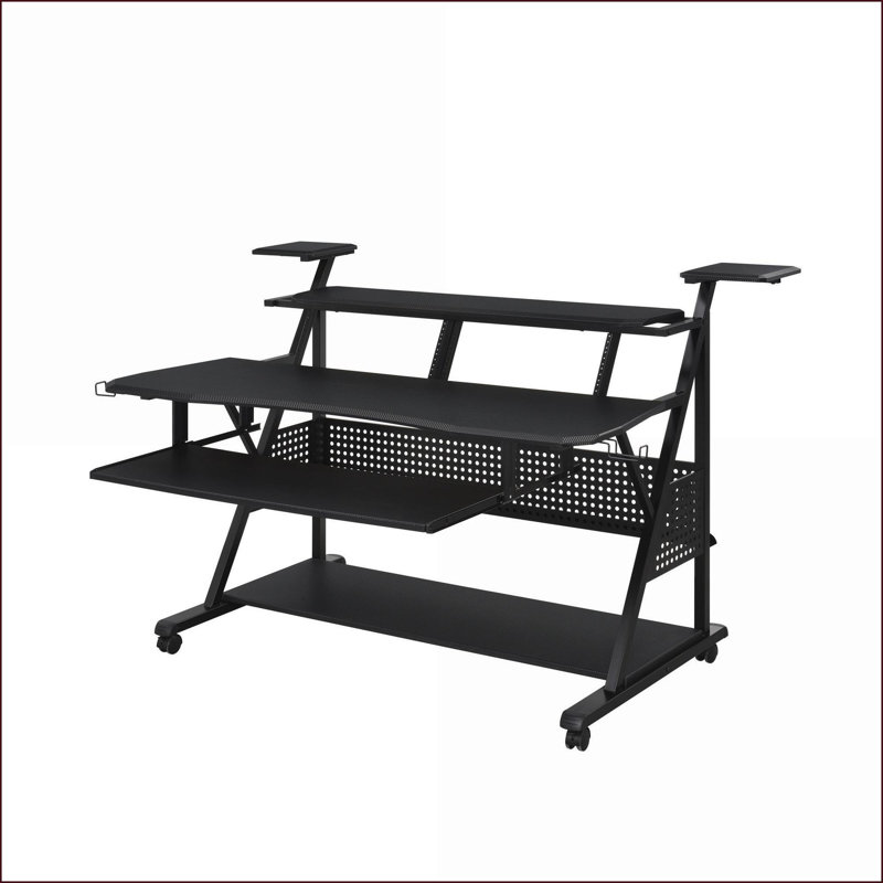 Bureau de musique avec plateau à clavier et amp; Tablettes pour haut-parleurs | Finition noire | Bois synthétique