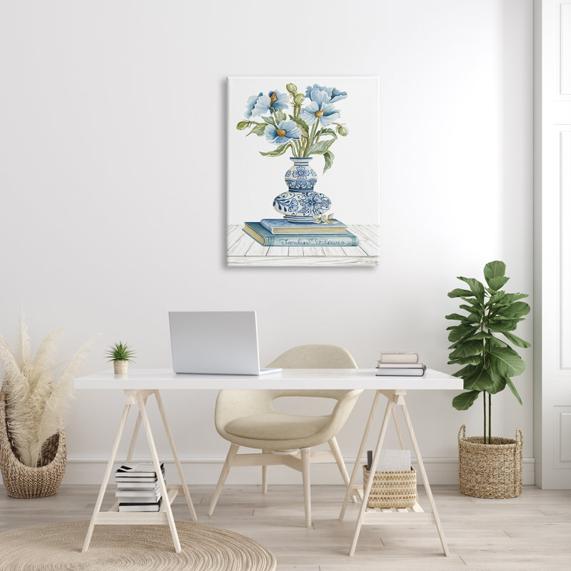 «Blue Flower Arrangement Ornate Pottery Still Life» par Cindy Jacobs - Peinture rectangulaire sur toile