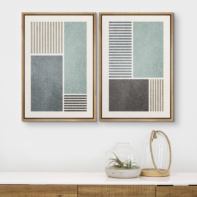 Geometric Line Minimalist Blue And Gray Rectangle And Line Abstract Shapes Modern Chic On Canvas 2 Pieces Print