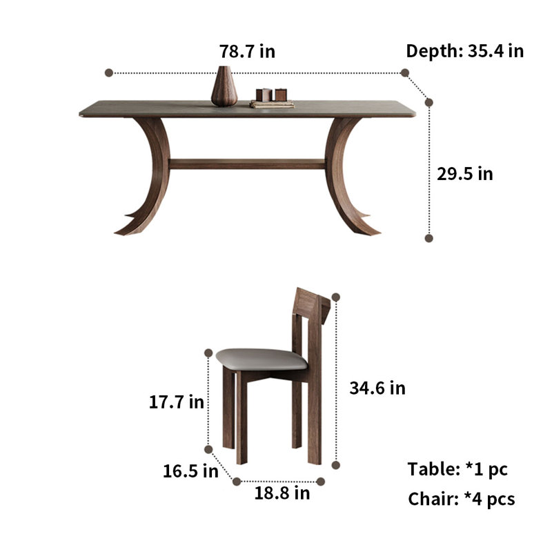 Ancient Style Solid Wood Dining Table And Chairs Rectangular Dining Set, 29.5" H x 35.4" W x 78.7" D