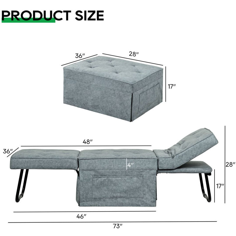 Multi-function Folding Ottoman Sofa Bed With Adjustable Backrest (Medium 36'' Width), Blue