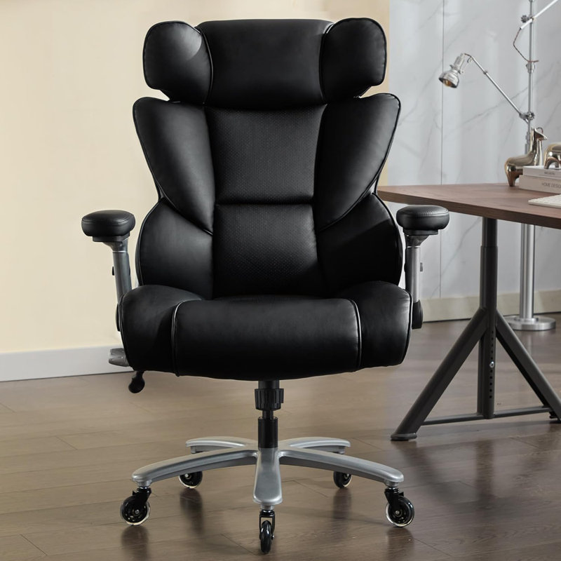 Fauteuil de bureau Big & Tall 500 lb, fauteuil inclinable ergonomique avec support lombaire réglable, accoudoirs rabattables et siège large - Fauteuil en cuir robuste pour bureau personnel, noir