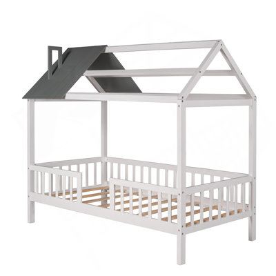 Lit simple en bois avec clôture, blanc et gris