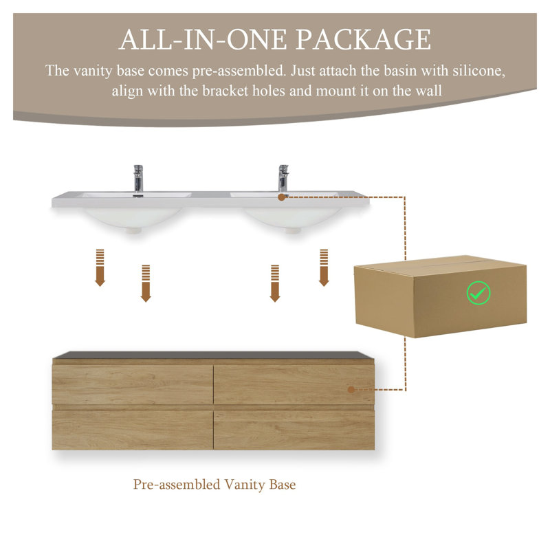 Ensemble de meuble-lavabo double 72 po avec plateau à surface solide et tiroirs à fermeture en douceur en chêne naturel 72 po