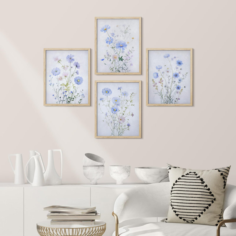 «Blue Flowers Wildflower Floral Botanical», impression sur papier 4 pièces, H 10 po x l 8 po, Naturel