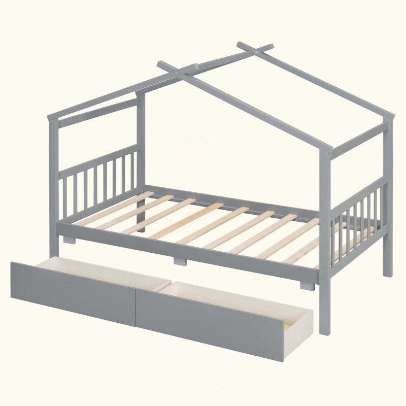 Lit en bois avec tiroirs, Gris