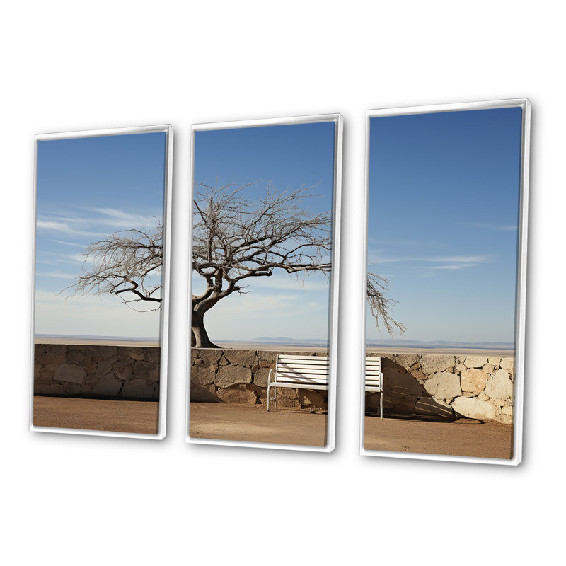 Mimalisme banc sous un arbre paysage - ensemble de salon d'art mural de plage, Cadre flottant blanc