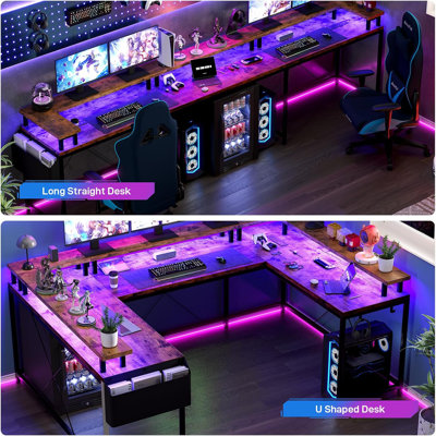 Bureau de jeu en forme de U, bureau d'angle réversible en forme de L de 200 cm avec prises électriques et éclairage DEL | Support d'écran, étagères de rangement et sacoche latérale | Bureau pour ordinateur à domicile