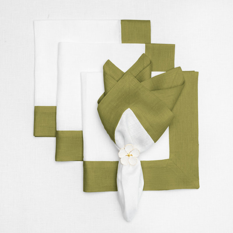 Contempo - 100% Pure Linen Dinner Napkins, Avocado/White
