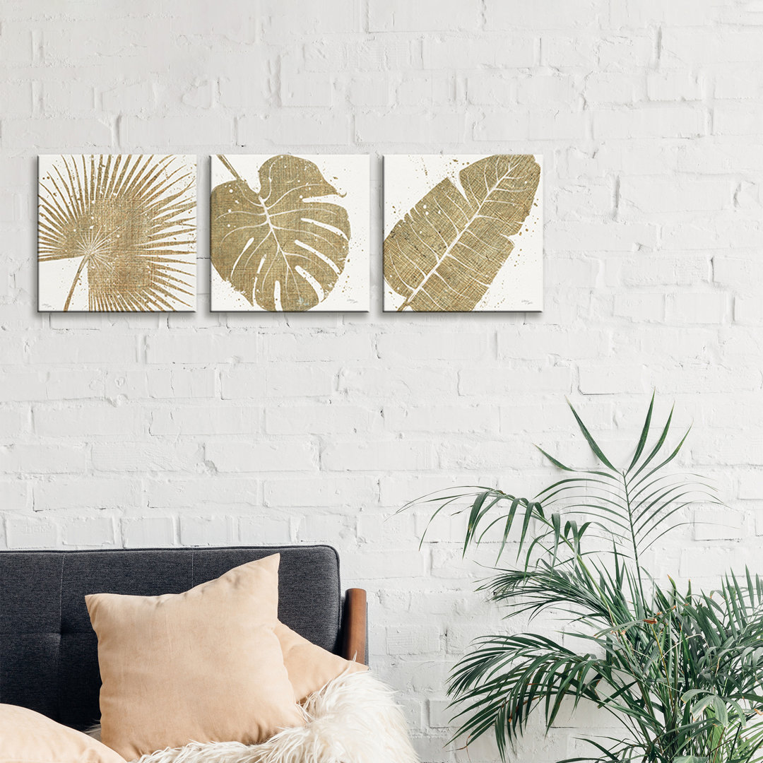'Gold Leaves Triptych' 3 Piece Painting Set on Wrapped Canvas