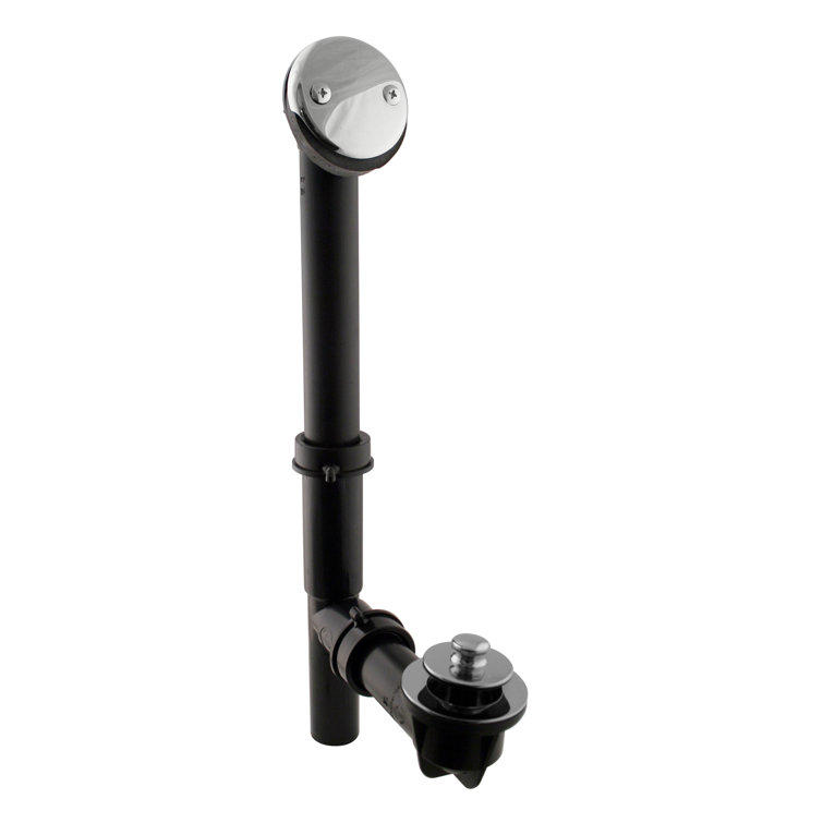 14" Black Polypropylene Pull To Open Bathtub Leg Drain Assembly with Two-Hole Overflow