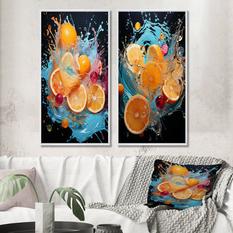 «Orange Soda Fizzy Abstraction», ensemble de 2 impressions murales soda, Cadre blanc, H 28 po x l 25 po