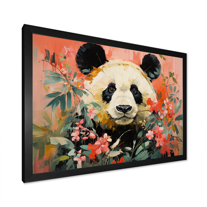 Panda blanc et rose en fleurs IV - art mural animal panda, Cadre d'angle fermé noir, H 12 po x l 20 po x P 1 po