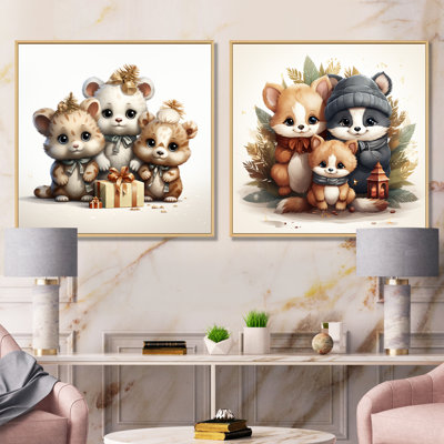 Joyfull Nursery Teddy Bears IV - Nursery Teddy Bear Canvas Art Print Set Of 2