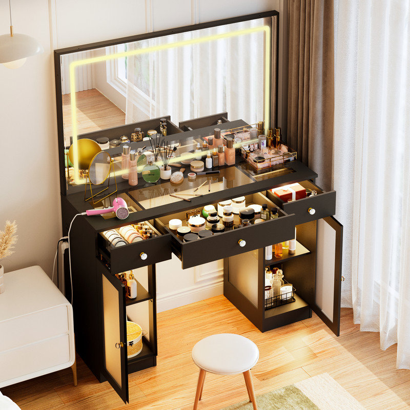 3-Drawer Black Makeup Vanity Desk with 43" Big Mirror, LED Light Strips & Charging Station – Modern Makeup Dresser with Storage Cabinets
