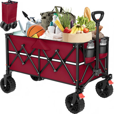 Collapsible Folding Wagon Cart with Wheels, 1-Pack, (Burgundy)