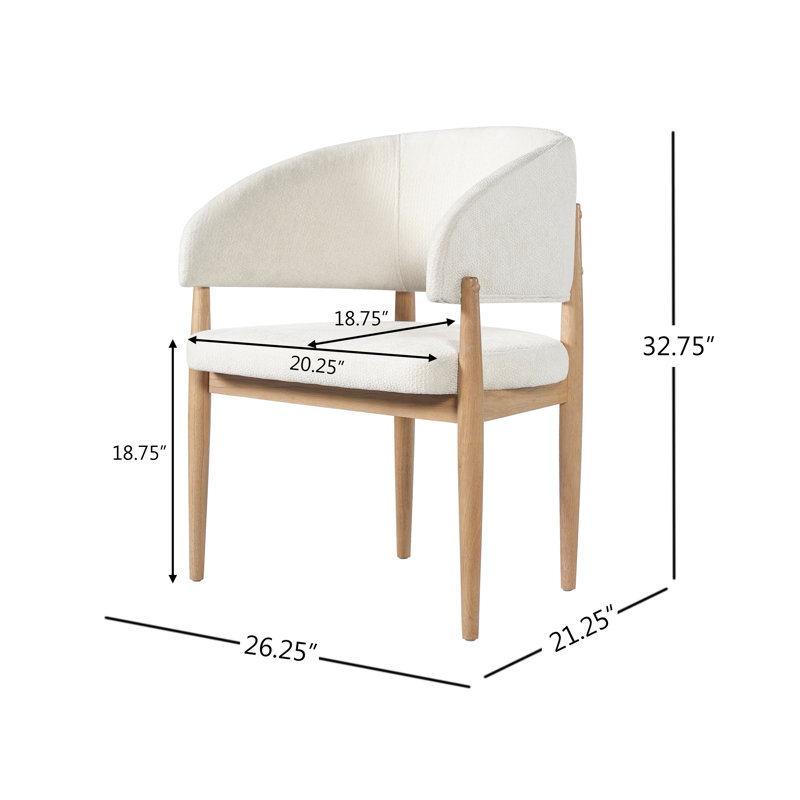Chaise de salle à manger Liora, de style moderne du milieu du siècle, en bois d'hévéa, avec accoudoirs incurvés, assise rembourrée et dossier enveloppant.