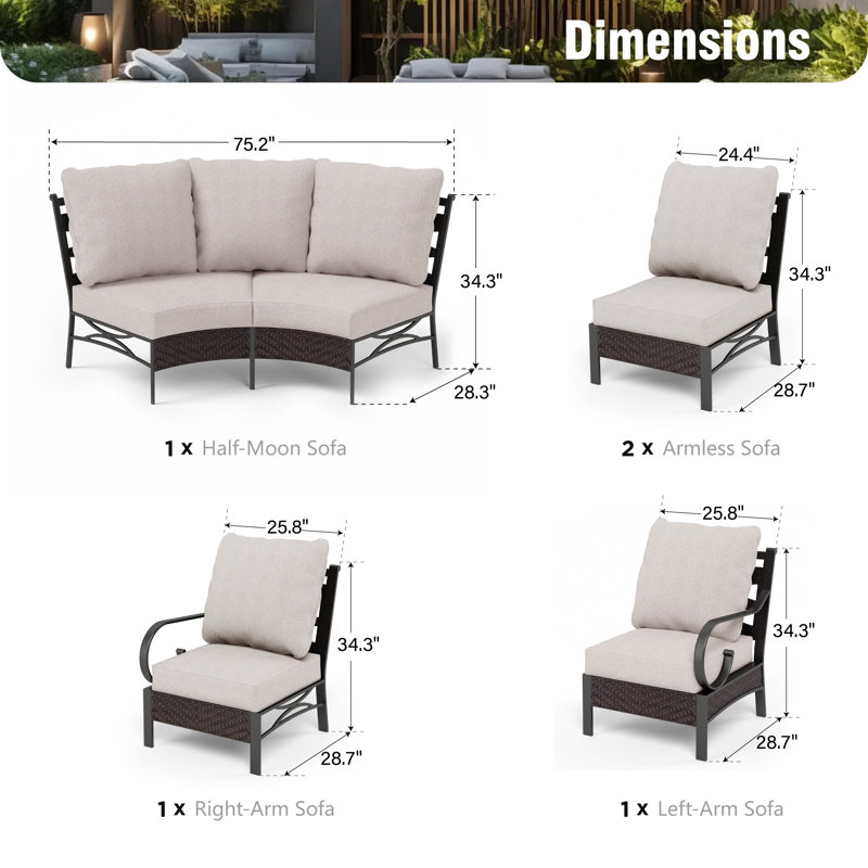 Ensemble de mobilier d'extérieur courbé pour l'extérieur - Osier brun avec coussins gris