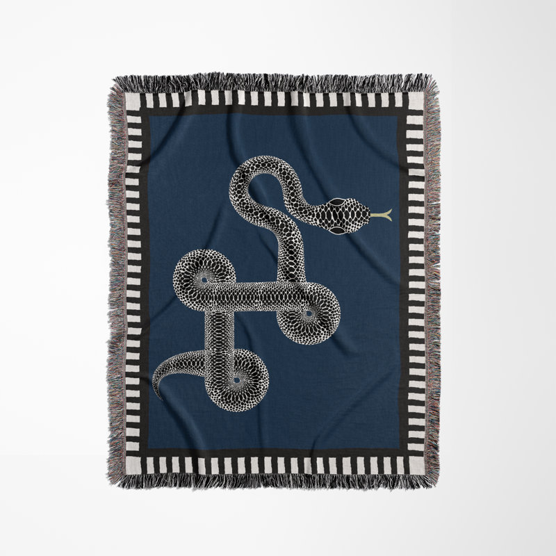 Jeté en mélange de coton Vanjo Snake, Bleu / Noir / Blanc cassé, L 80 po x l 60 po