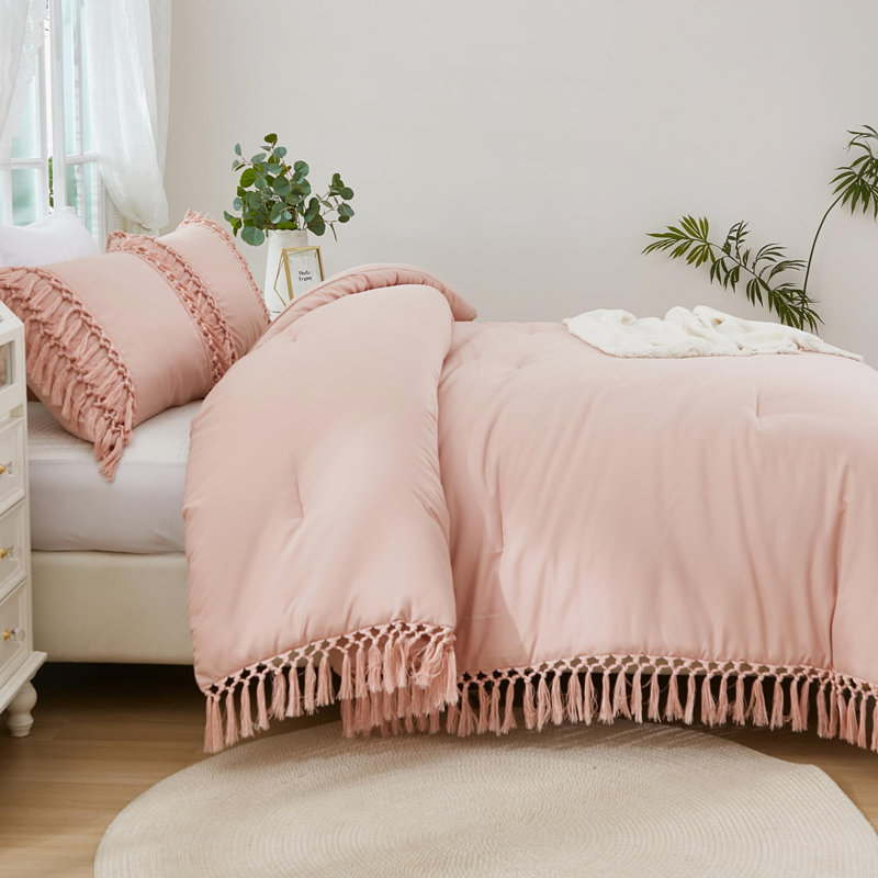 Ensemble d'édredon rose très grand Andency, ensembles d'édredon 3 pièces Boho Tassel pour lit très grand, ensemble de literie à franges moelleuses toutes saisons (édredon 104 x 90 po et 2 taies d'oreiller)